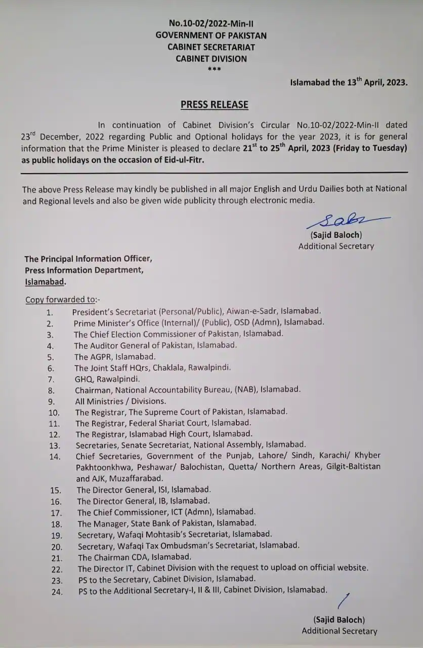 Eid-ul-Fitr 2023 in Pakistan Holidays Federal Notification