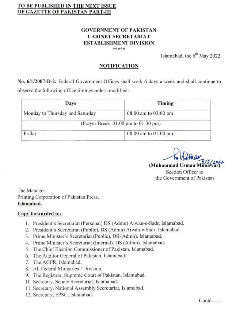 Federal Government Office Timing Notification 2022 (After Ramadan)