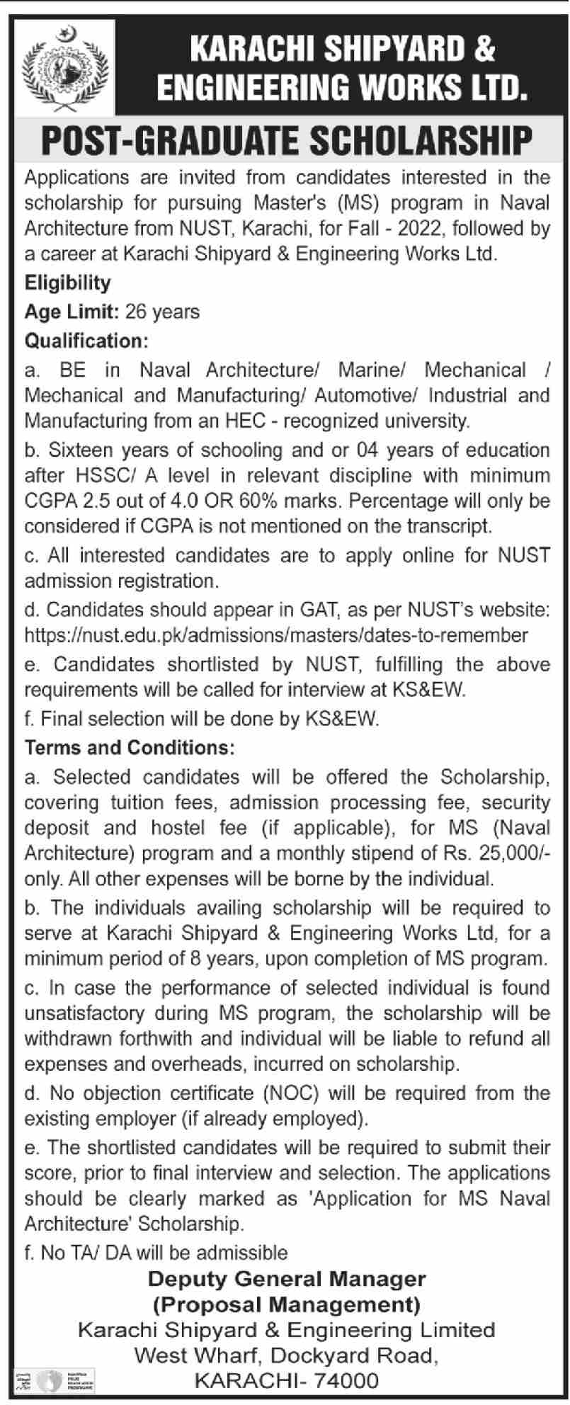 Karachi Shipyard Scholarship 2022 Post-Graduate