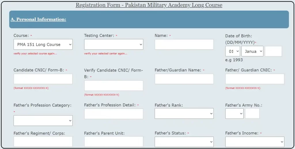 Registration Form - Join Pak Army PMA 151 Long Course