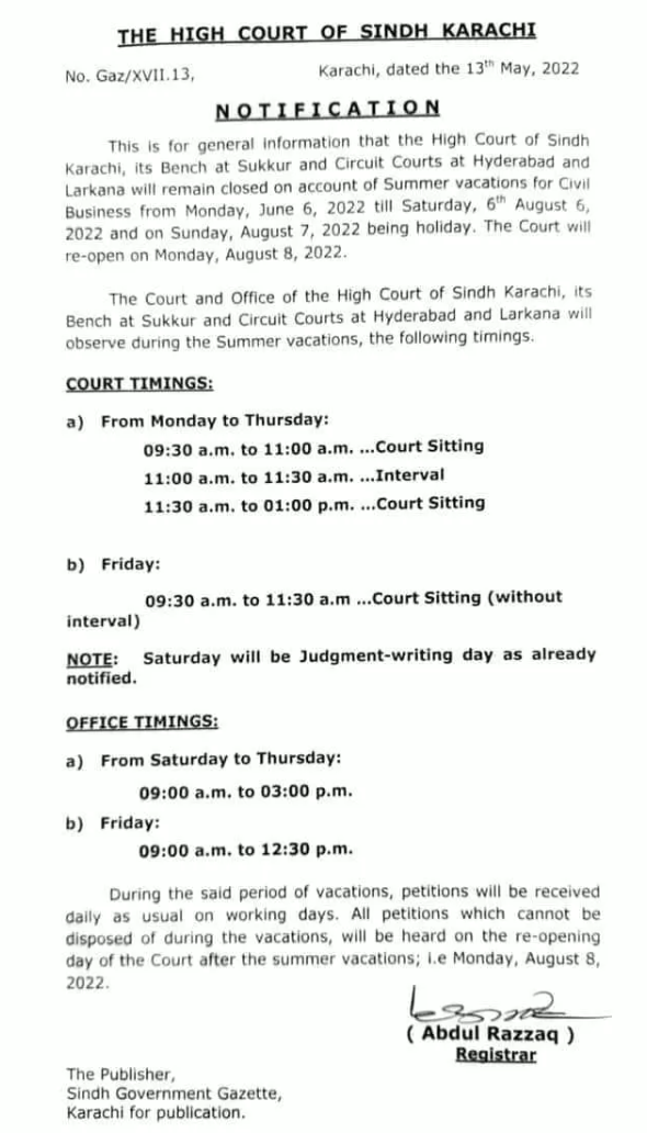 High Court Summer Vacations 2022 Sindh