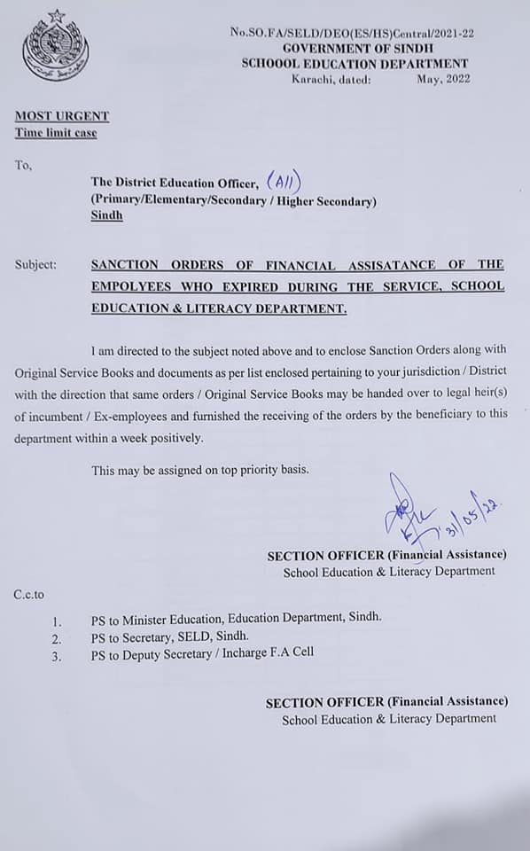 Financial Assistance Expired During Service 2022 Sindh Schools