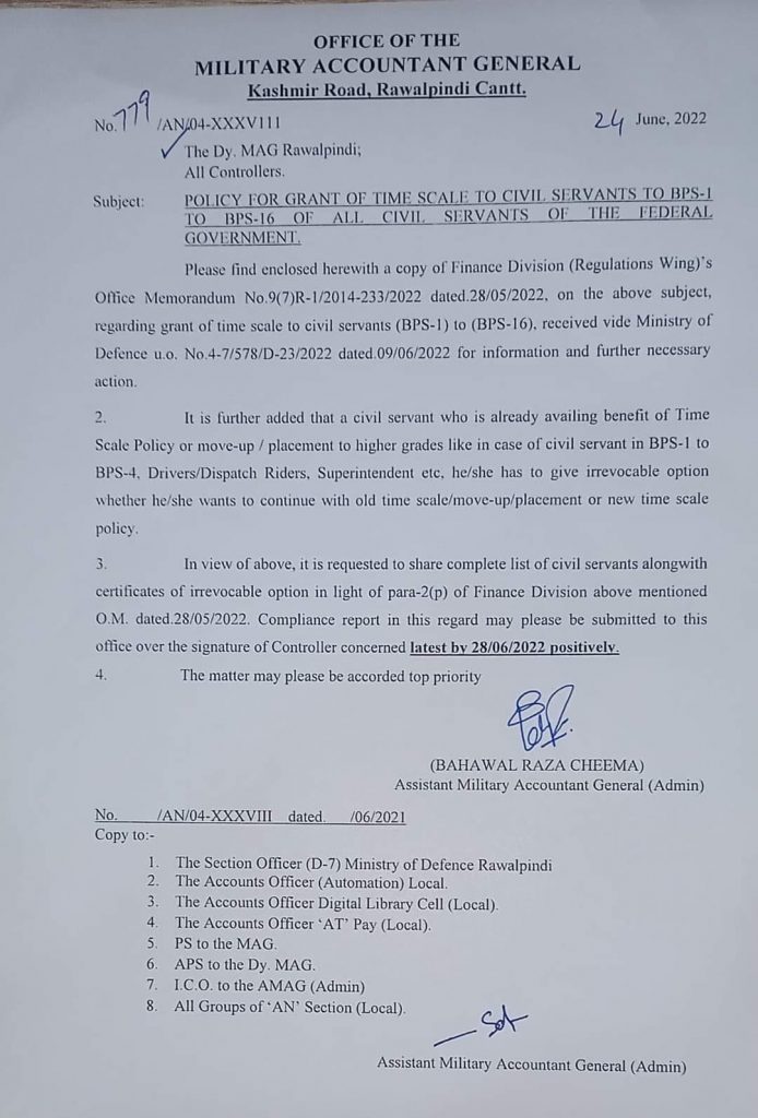 MAG Notification of Time Scale Promotion Policy 2022 BPS-01 To BPS-16