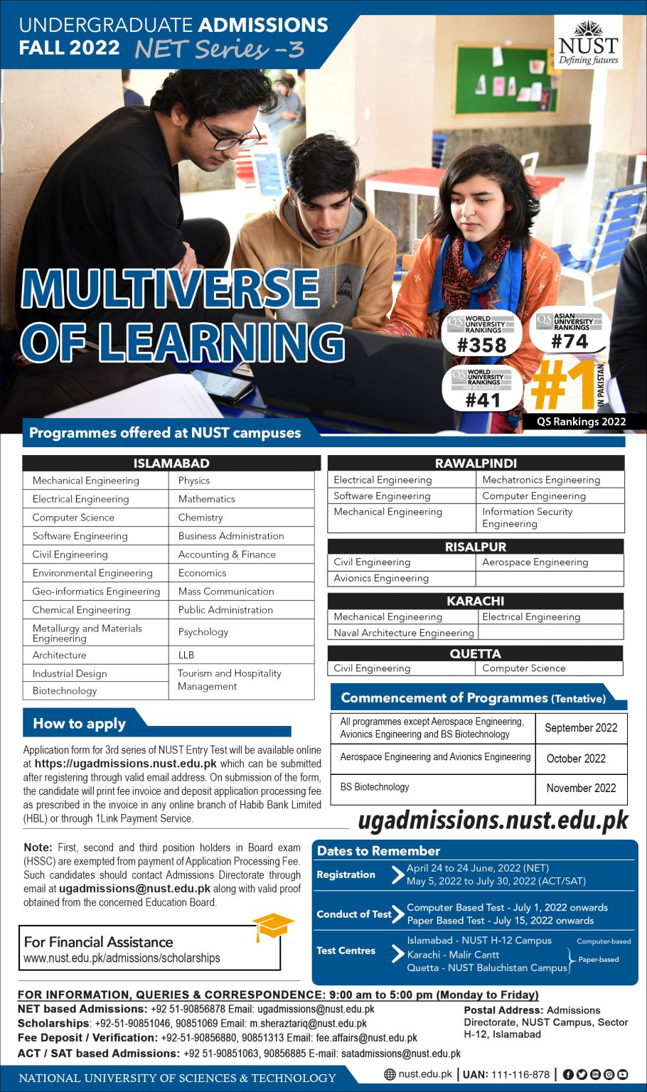 NUST Admission 2022 Undergraduate, Masters & PhD
