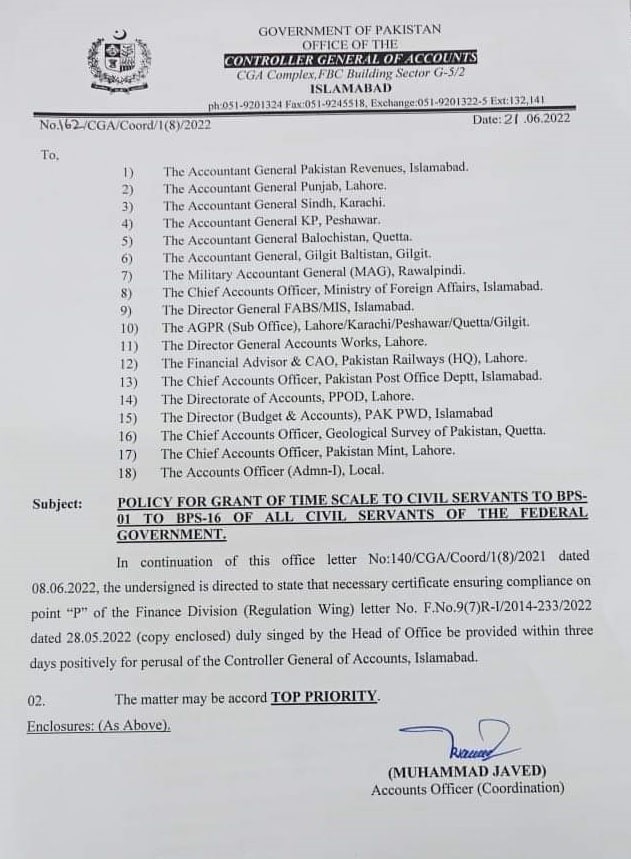 Policy of Time Scale To Civil Servants BPS-01 To BPS-16 CGA 2022