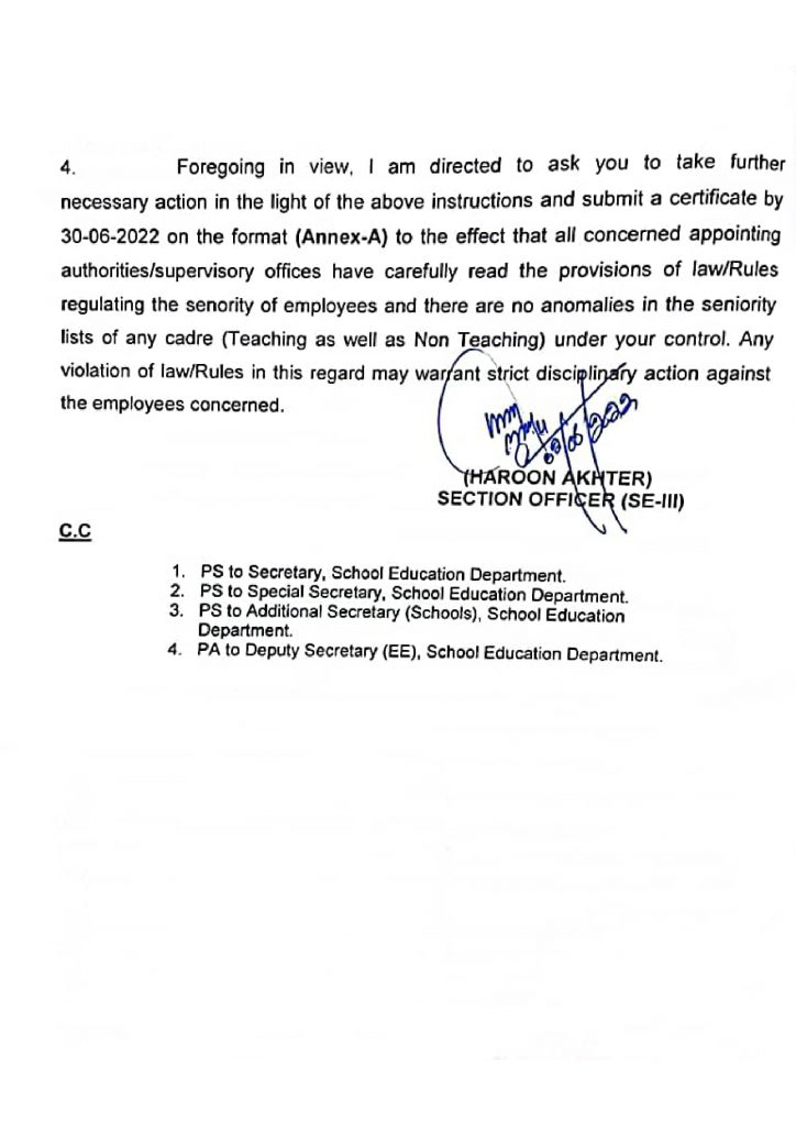 Preparation of Seniority Lists in Schools Punjab