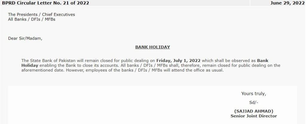 State Bank Announced Bank Holiday on 1st July 2022