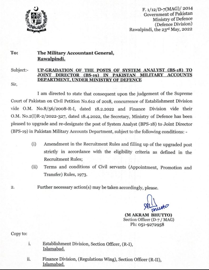 Upgradation of System Analyst To Joint Director 2022 Ministry of Defence