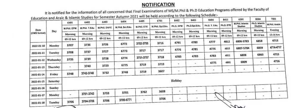 AIOU Date Sheet of PhD, MS, MPhil Faculty of Education and Arabic & Islamic Studies