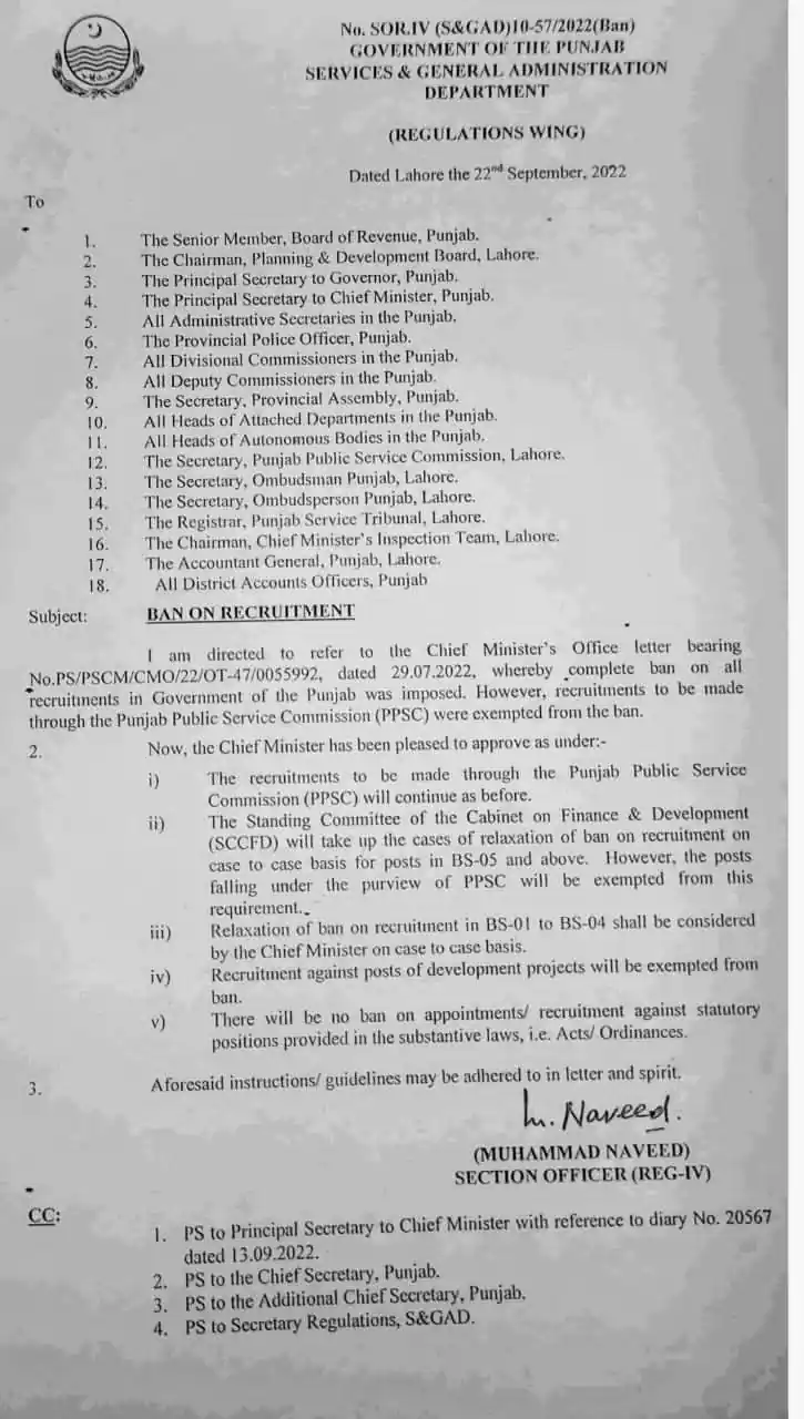 Ban on Recruitment in Punjab 2022