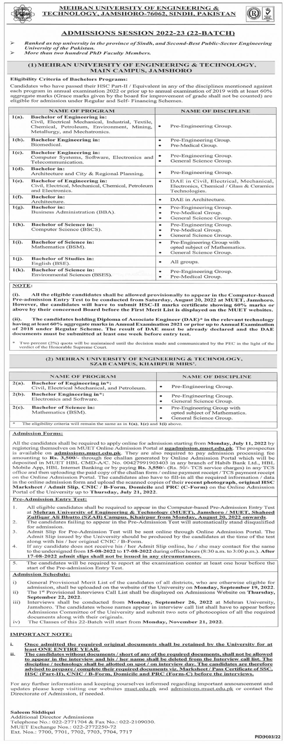 Mehran University Admission 2022 Sindh Batch-22