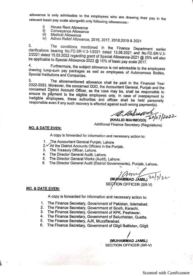 Notification of DRA-2022 @ 15% Punjab Govt Employees