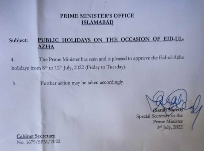 Prime Minister Notification of 5 Days Eid-ul-Azha Holidays 2022