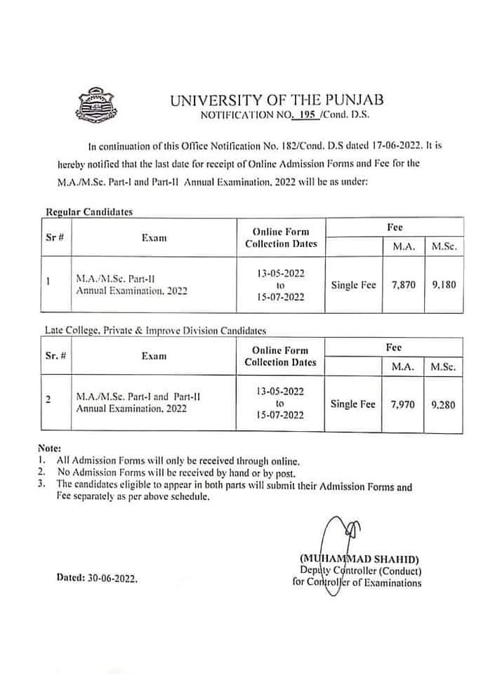 Punjab University MA/MSc Exam Fees 2022 Notification
