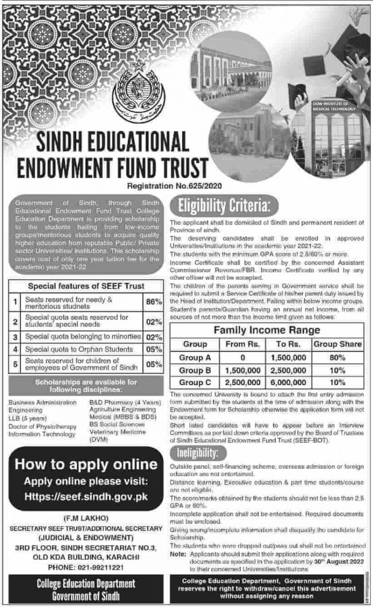 SEEF Sindh Education Endowment Fund Scholarship 2022-23