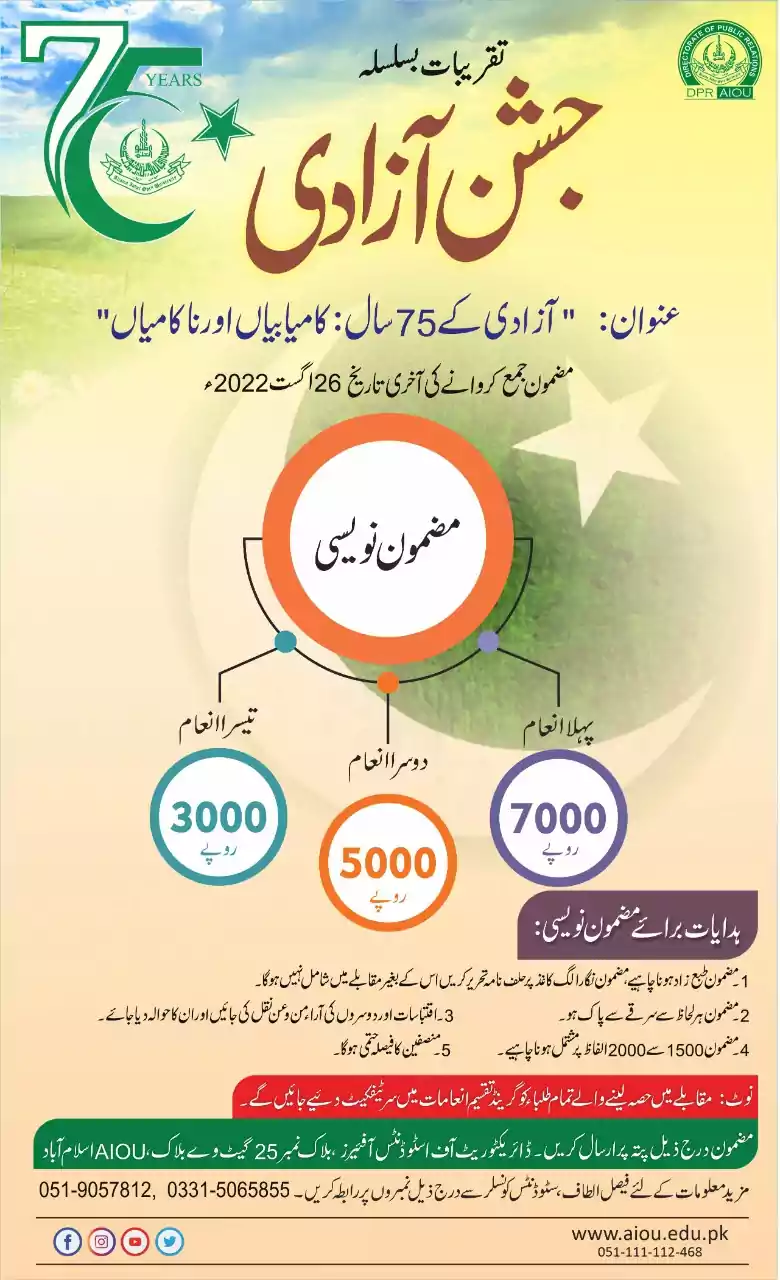 AIOU Essay Writing Competition on Jashn-e-Azad 2022