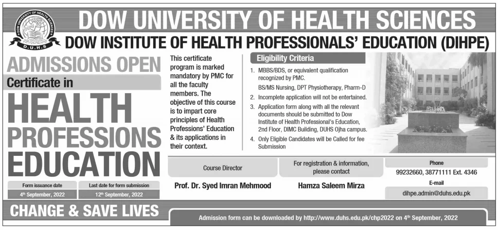 Admission in DOW University Health Professions Education 2022