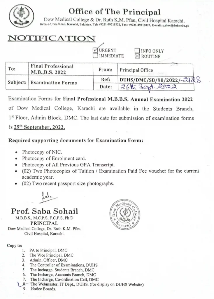 Dow University DMC Examination forms for Final Professional MBBS
