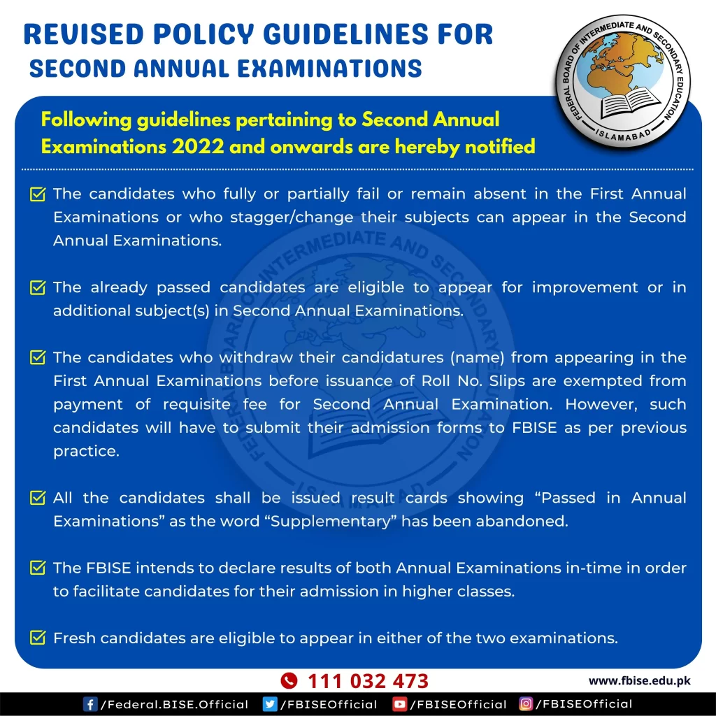 FBISE Second Annual Exams Revised Policy 2022