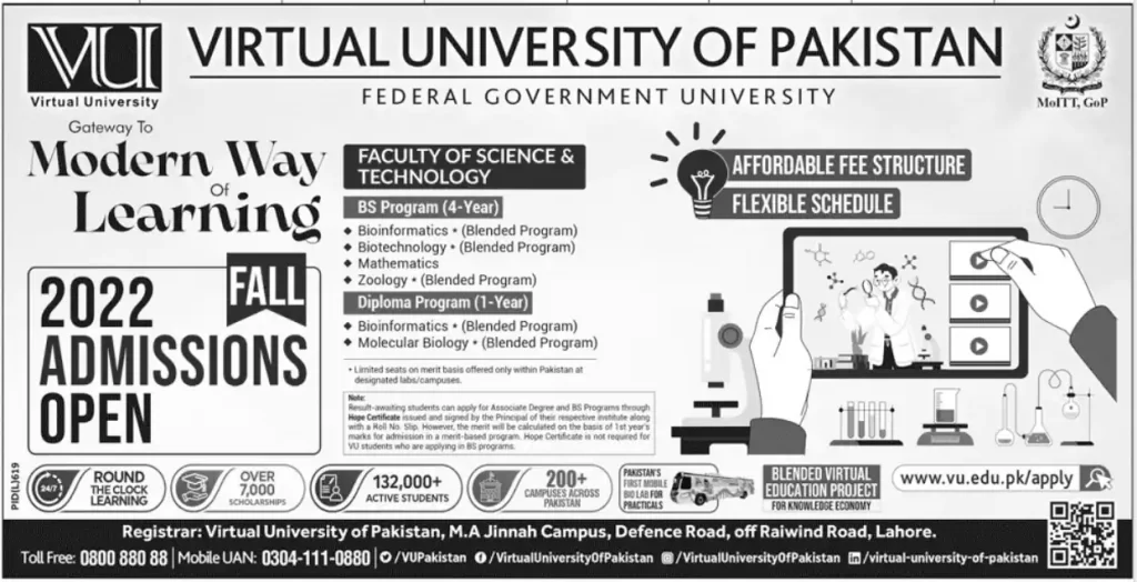 VU Admissions 2022 Virtual University of Pakistan