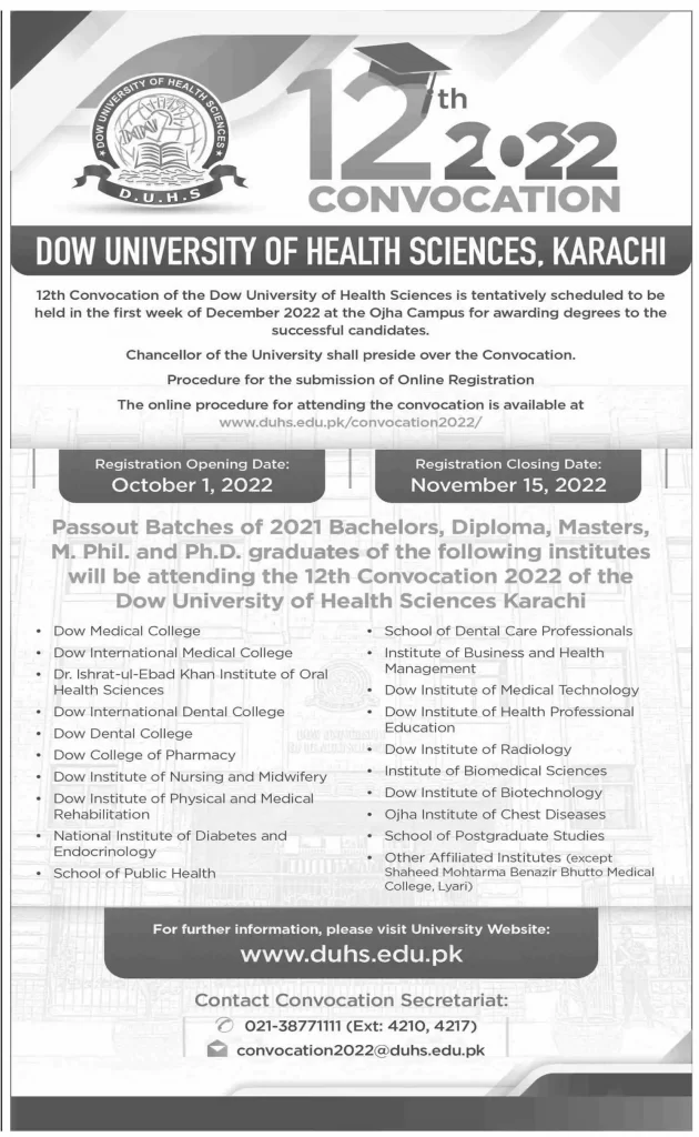 Dow University 12th Convocation 2022 Registration Online