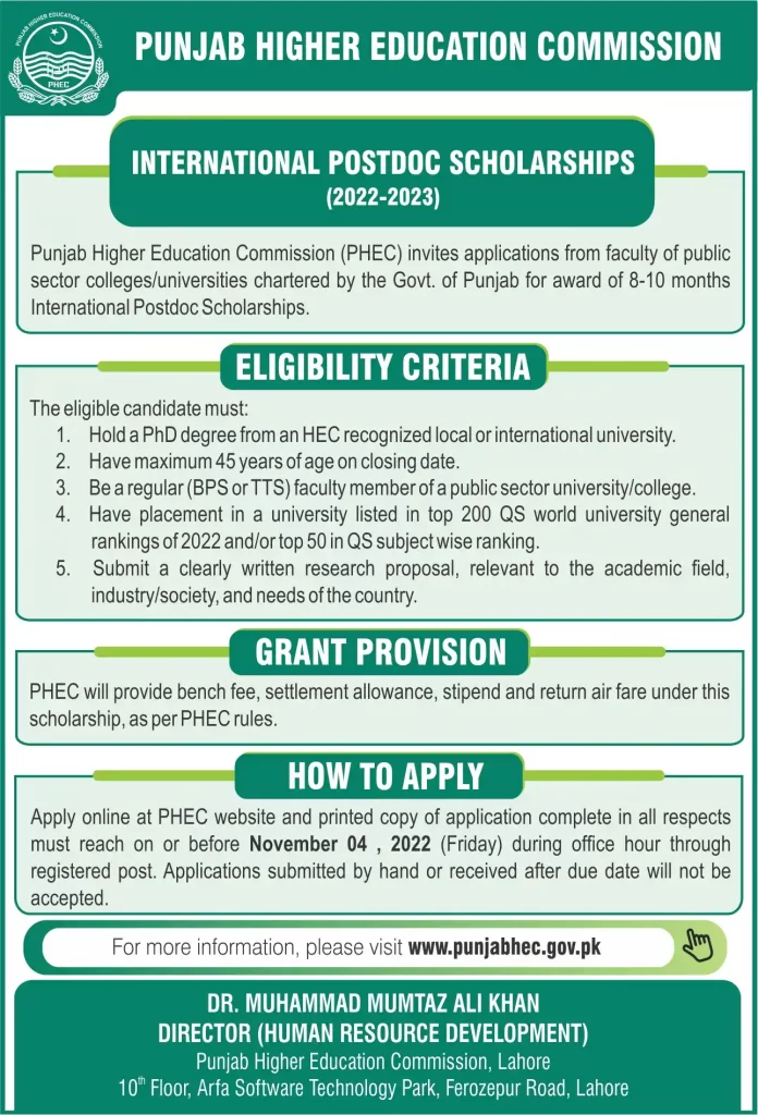 PHEC International Postdoc Scholarships 2022-23