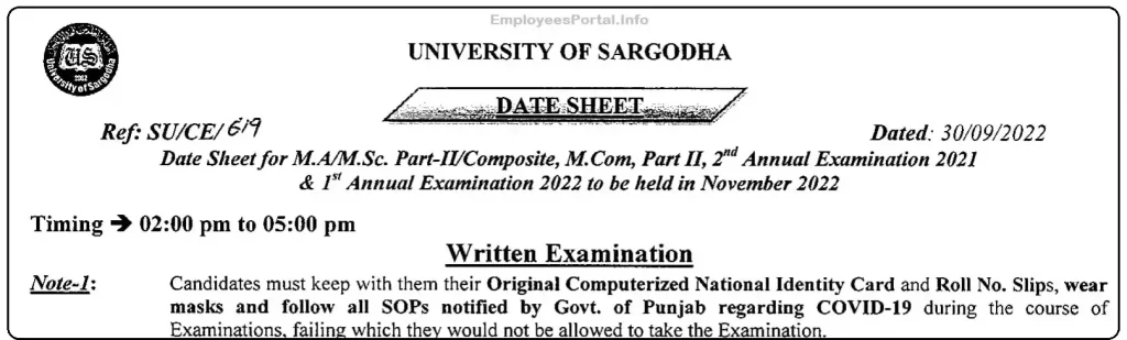 Sargodha University Exams Date Sheet 2022 MA/MSc, M.Com