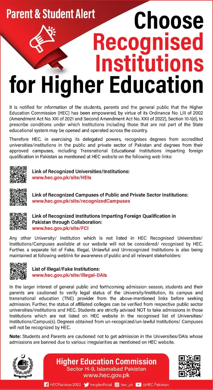 Choose HEC Recognized Institutions For Higher Education in Pakistan