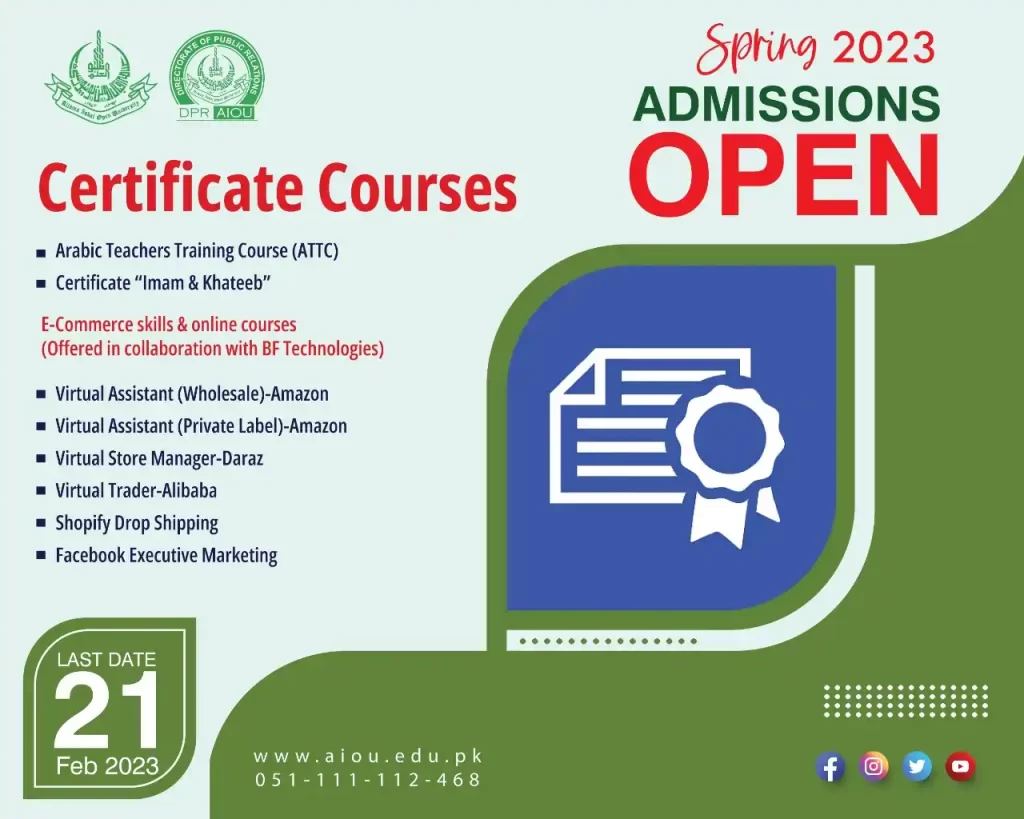 AIOU Certificate Courses Admissions Spring 2023 Open