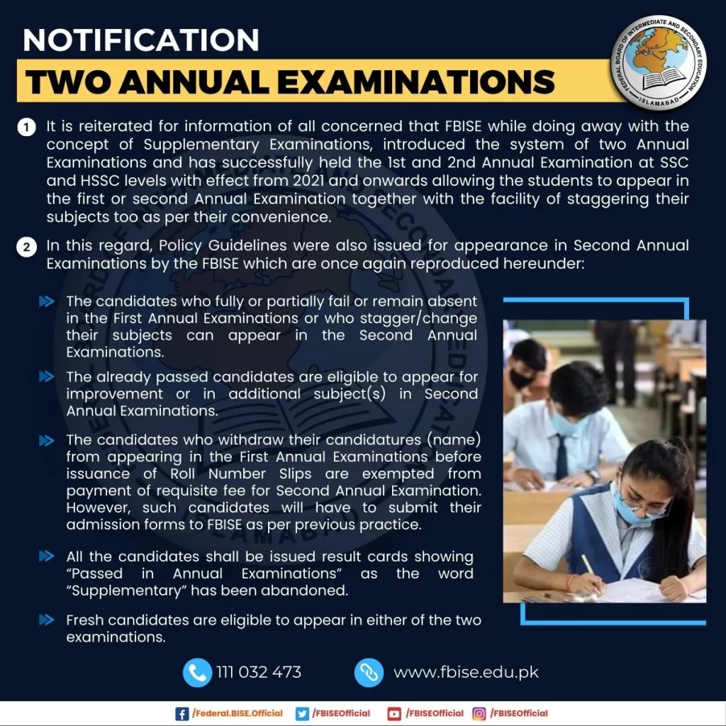 FBISE Introduces Two Annual Examinations 2023 Notification