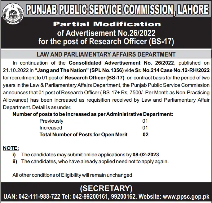 PPSC Recruitment of Research Officer (BS-17)