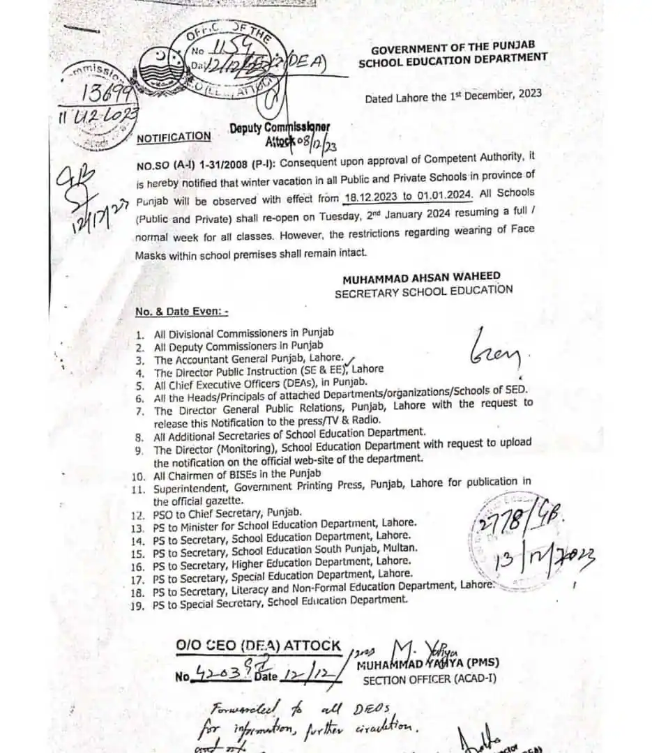 Winter Vacation in Punjab 2023 Notification (New)