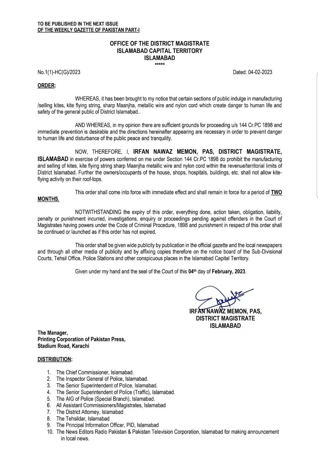 Ban on Kite Manufacturing, Selling, Flying in Islamabad 2024 Notification
