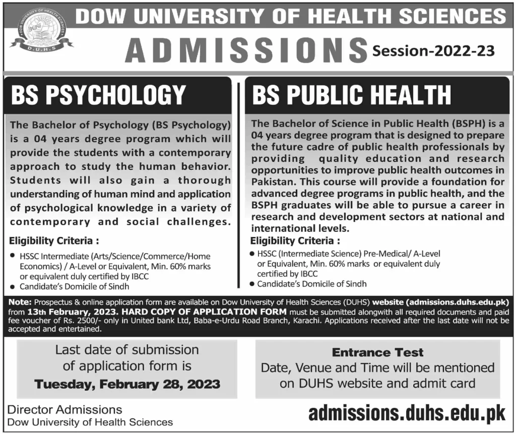 Dow University Admission 2023 BS Psychology & BS Public Health