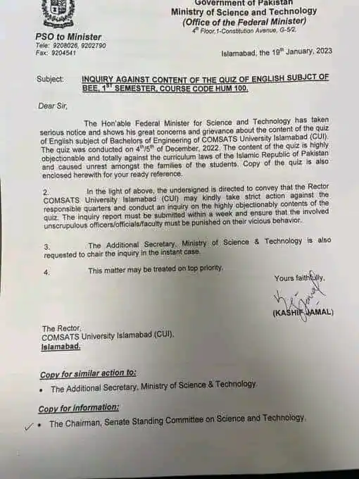 Lecturer Inquiry For Immoral Quiz of English in COMSATs Islamabad