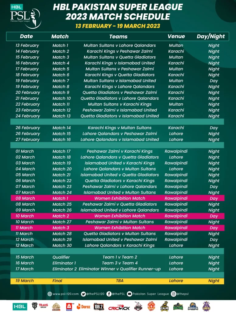 PSL-8 Live Matches Schedule 2023