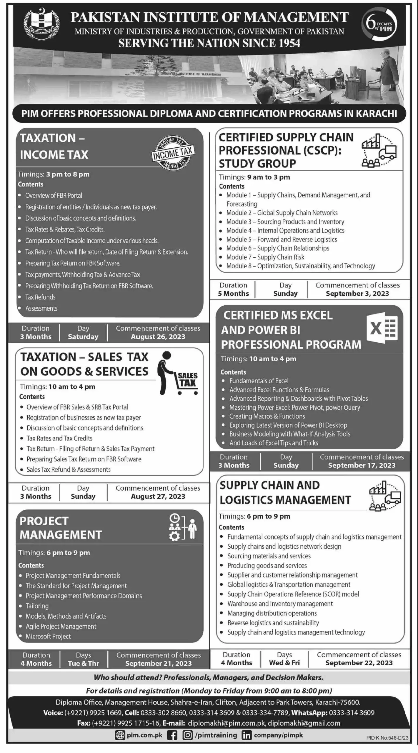 PIM Karachi Certificate Courses
