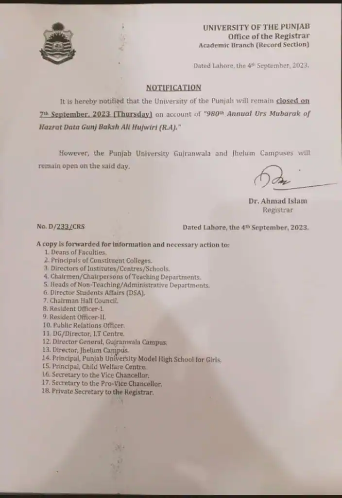 University of the Punjab to Remain Closed on September 7th, 2023